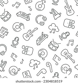 Seamless pattern with music. Black and white thin line icons