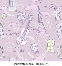 Seamless pattern with music and city. Vector Illustration