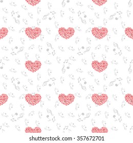 Seamless pattern of music and color notes on a beautiful background.Valentine's Day. I love music. Music heart.