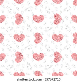 Seamless pattern of music and color notes on a beautiful background.Valentine's Day. I love music. Music heart.