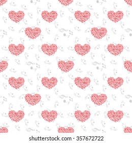 Seamless pattern of music and color notes on a beautiful background.Valentine's Day. I love music. Music heart.Eurovision