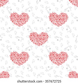 Seamless pattern of music and color notes on a beautiful background.Valentine's Day. I love music. Music heart.