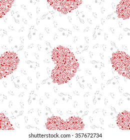 Seamless pattern of music and color notes on a beautiful background.Valentine's Day. I love music. Music heart.