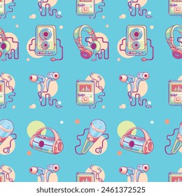 seamless pattern with music, digital player, gadget, earphone, headphone, microphone, amplifier, mixer, popular vector art illustration design