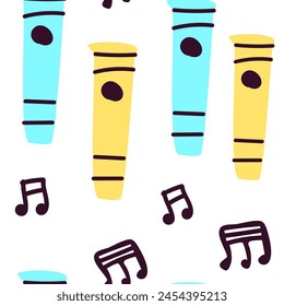 Seamless pattern for music festival. Bright background design with musical instruments - flute and notes