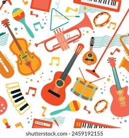 seamless pattern with music, guitar, saxophone, musical note, headphone, pop blue, jazz rock, vector art illustration design