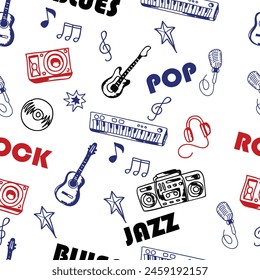seamless pattern with music, guitar, saxophone, musical note, headphone, pop blue, jazz rock, vector art illustration design