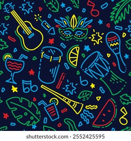 seamless pattern with music, guitar, saxophone, musical note, headphone, pop blue, jazz rock, vector art illustration design