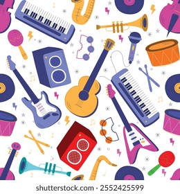 padrão perfeito com música, guitarra, saxofone, nota musical, fone de ouvido, pop azul, jazz rock, design de ilustração de arte vetorial