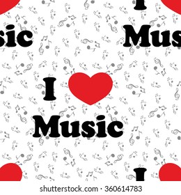 Seamless pattern of music, heart and color notes on a beautiful background. I love music