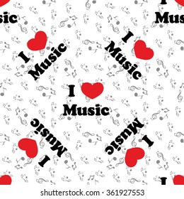 Seamless pattern of music, heart and color notes on a beautiful background. I love music