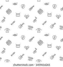 Seamless pattern with music and music instrument of different types icon on white background. Vector illustration in line art style for website backdrop, advertisement.