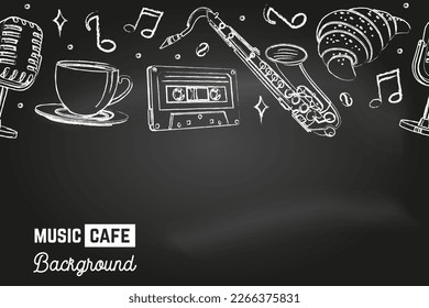 Seamless pattern with music instruments and coffee cup for music cafe, bar, pub. Music cafe background on the chalkboard. Vector illustration. Coffee, croissant, coffee cup, retro microphone