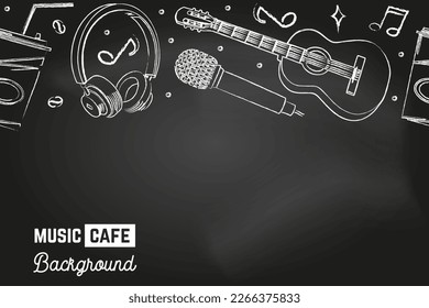 Seamless pattern with music instruments and coffee cup for music cafe, bar, pub. Music cafe background on the chalkboard. Vector illustration. Classical acoustic guitar, retro microphone, headphones