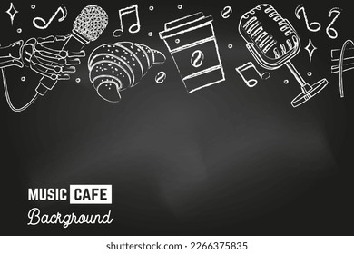 Patrón incomparable con instrumentos musicales y taza de café para café de música, bar, pub. Fondo de café musical en el pizarrón. Ilustración vectorial. Micrófono retro acústico clásico, croissant, música