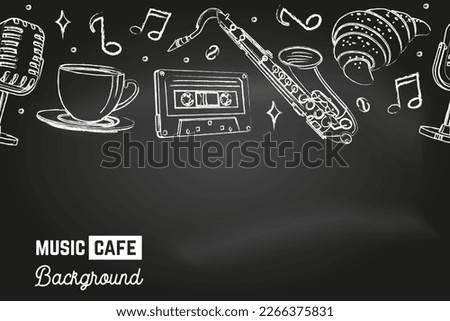 Seamless pattern with music instruments and coffee cup for music cafe, bar, pub. Music cafe background on the chalkboard. Vector illustration. Coffee, croissant, coffee cup, retro microphone