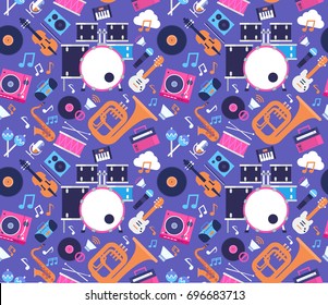 Seamless Pattern Music Instruments And Equipment Electronics Icons Flat Vector Illustration
