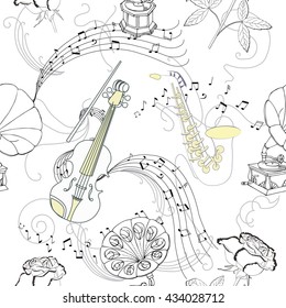 Seamless pattern with music instruments, flowers  and gramophone.Hand drawn sketches old record player. Vector illustration