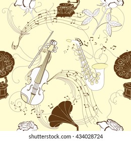 Seamless pattern with music instruments, flowers  and gramophone.Hand drawn sketches old record player. Vector illustration