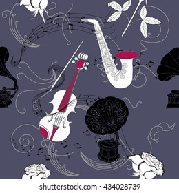Seamless pattern with music instruments, flowers  and gramophone.Hand drawn sketches old record player. Vector illustration