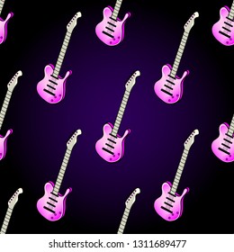 Seamless pattern with music instruments. Pink electric guitars isolated on dark background, Vector illustration for wallpapers, prints, etc.