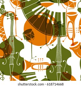 Seamless pattern with music instruments - trombone, trumpet, double bass, saxophone, bass drum and snare drum. Perfect for wallpaper, music festival posters and jazz concerts. Vector illustration