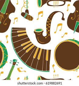 Seamless pattern with music instruments - trombone, trumpet, double bass, saxophone, bass drum and snare drum. Perfect for wallpaper, music festival posters and jazz concerts. Vector illustration