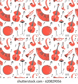 Seamless pattern with music instruments - trombone, trumpet, double bass, saxophone, bass drum and snare drum. Perfect for wallpaper, music festival posters and jazz concerts. Vector illustration