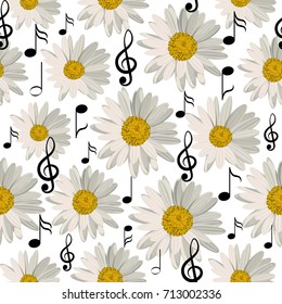 Seamless pattern with music notes and daisies isolated on white background.