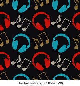 Seamless pattern with music notes and headphones - vector 