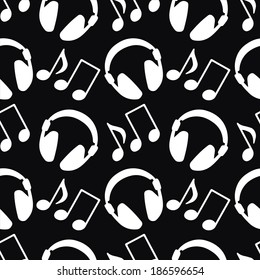 Seamless pattern with music notes and headphones in black and white - vector 