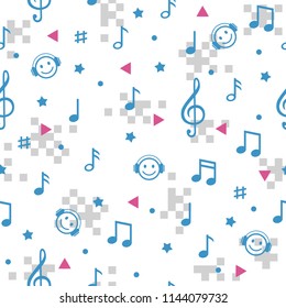 Seamless pattern with music notes and smiling faces, vector illustration