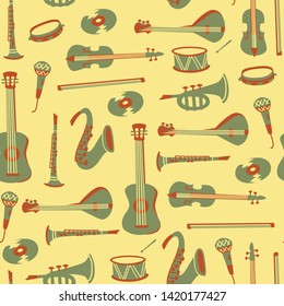 Seamless Pattern with Music Symbols and instruments. Vector Doodle Elements. 