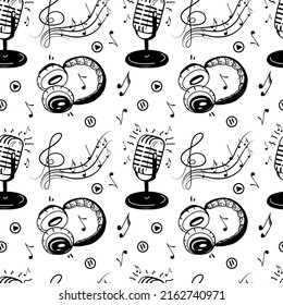 A seamless pattern of music symbols, music notes, violin keys, microphones, and headphones. Hand-drawn doodle-style elements. Vector illustration.