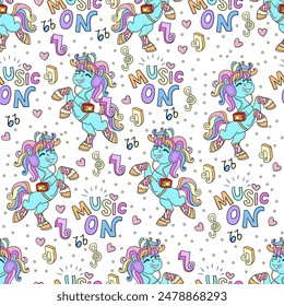 Seamless pattern with music unicorns and notes on a white background. Magic cartoon unicorn. Fairy tale illustration print for clothes and fabrics, wallpapers or prints, design, decor, linen, dishes