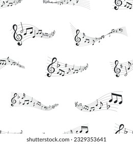 Seamless Pattern With Music Waves, Musical Notes, Bass And Treble Clef Signs On Stave. Melody Swirls Monochrome