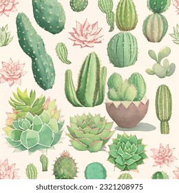 Seamless pattern of musical cacti and succulents in vector art. Succulent symphony