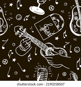 Seamless pattern of musical elements, hand-drawn doodle. Ukulele. Microphone. Small guitar. A vinyl record. A hit. Flying notes. Music. Inspiration. Fingering. Black and white background.