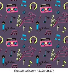 Seamless Pattern With Musical Elements, Notes, Microphone, Sound, Tape Recorder, Headphones