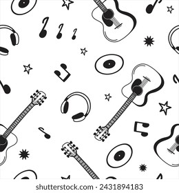 Seamless pattern with musical elements.Pattern with guitars,stars,notes,headphones.Doodle vector illustration.