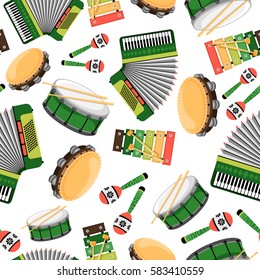 Seamless pattern with musical instrument: accordion, drum, maracas, xylophone