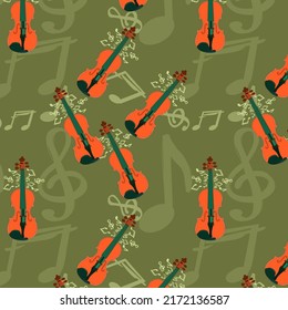Seamless pattern of musical instrument on dark olive green color background. International orange aerospace color violin and yellow green crayola color musical notes or symbol. musical textile pattern