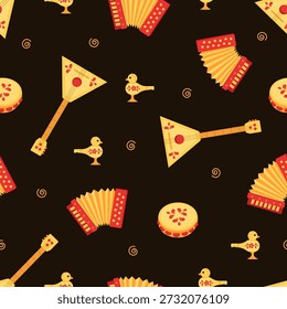 Seamless pattern Musical instruments accordion, balalaika, tambourine and whistle. Russian folklore, traditional folk music. Cartoon vector illustration background. 