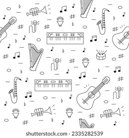 Seamless pattern of musical instruments black and white. Vector illustration EPS10