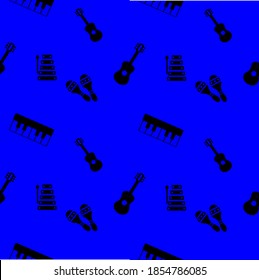 Seamless pattern with musical instruments, blue background with piano, guitar, xylophone, and maracas, vector illustration. Decorative wallpaper, good for printing