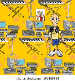 Seamless pattern of musical instruments and DJ