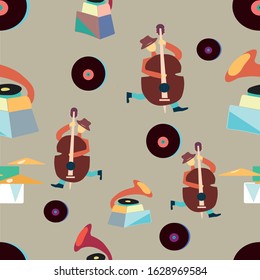 Seamless pattern with musical instruments double bass player drums record player retro children's drawing sketch, bright colors, funny style, children, retro, vinyl