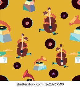 Seamless pattern with musical instruments double bass player drums record player retro children's drawing sketch, bright colors, funny style, children, retro, vinyl