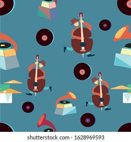 Seamless pattern with musical instruments double bass player drums record player retro children's drawing sketch, bright colors, funny style, children, retro, vinyl