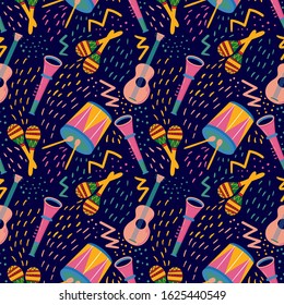 Seamless pattern with musical instruments: drum, guitar, trumpet and maracas. Abstract memphis background. Concept of carnival, party. Design element for banner, poster, card. Flat vector illustration